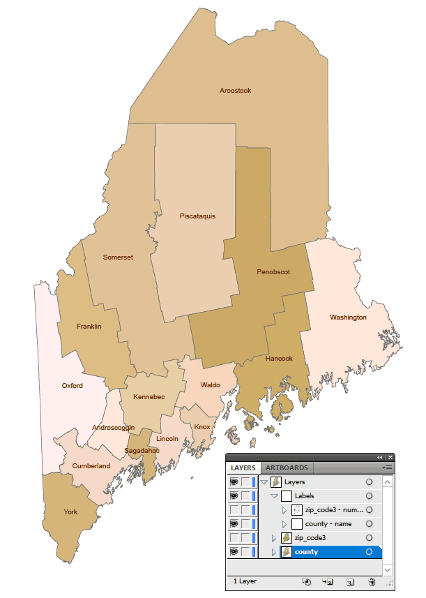 Maine state 3 digit and county vector map