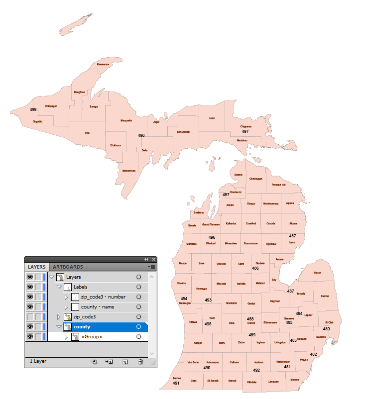 Michigan 3 digit zip code vector map
