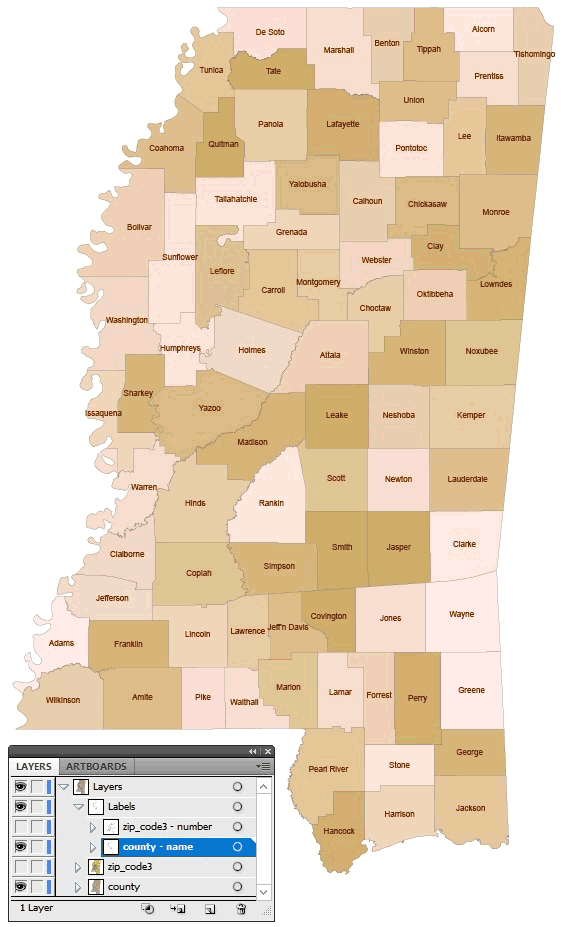 Mississippi 3 digit zip code & county map