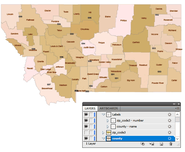 Montana 3 digit zip code & county map.