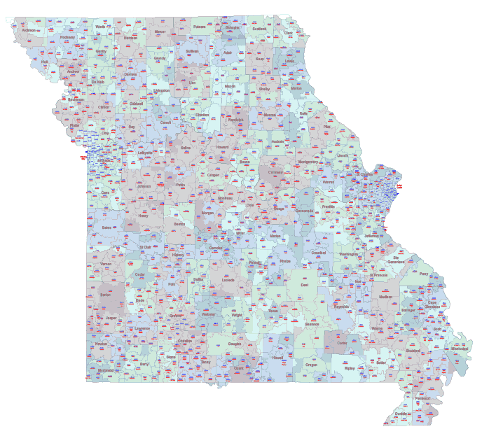 Scrolling file for Missouri state zip codes.