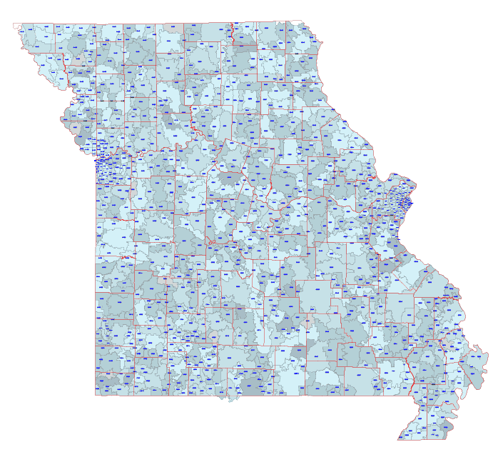 Missouri editable 5 digit map, county border