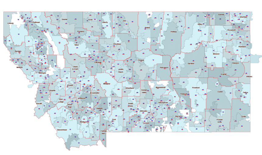 Montana 5 digit zip code and county map