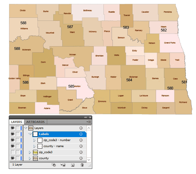 North Dakota 3 digit zip code and county vector map