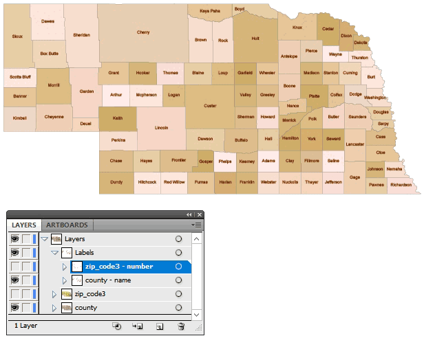 Nebraska 3 digit zip code and county map
