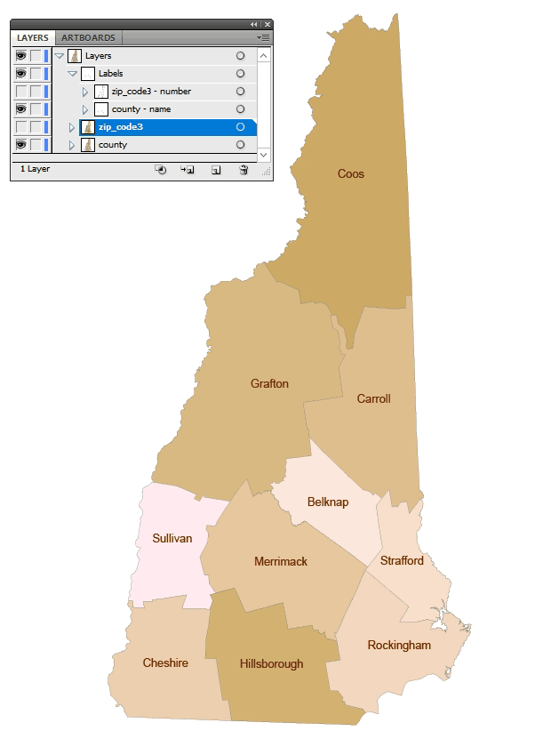 New Hampshire three digit zip code & county map