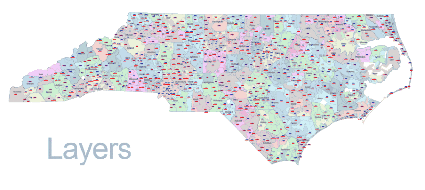 North Carolina 5 digit zip code and county digital map map