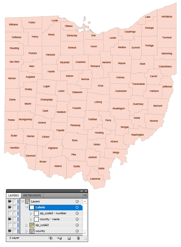 Ohio three digit zip code & county map