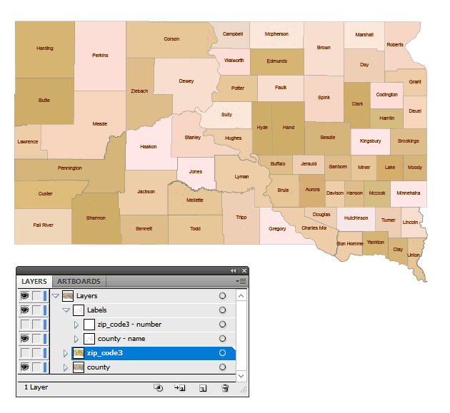 South Dakota 3 digit zip code and county vector map