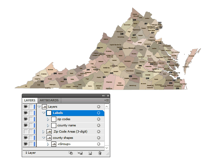 Virginia 3 digit zip code and county vector map
