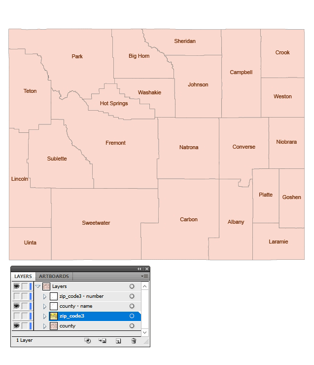 Your-Vector-Maps.com Wyoming 3 digit zip code and county vector map