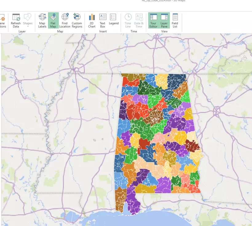 Alabama zip codes in Excel 3dmap