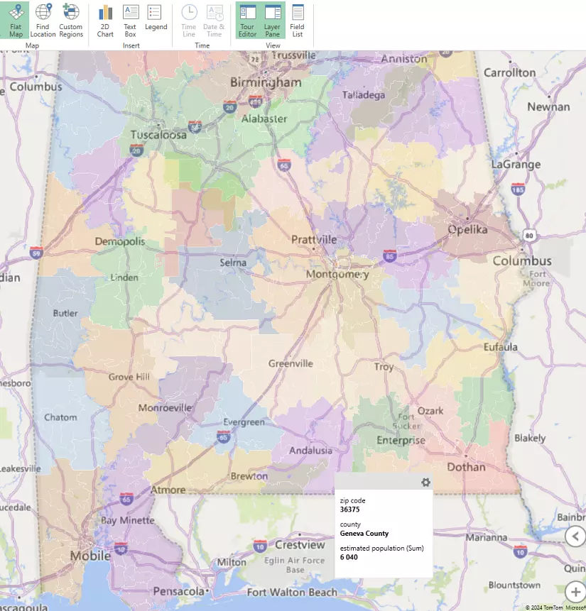 Alabama zip codes in Excel 3dmap