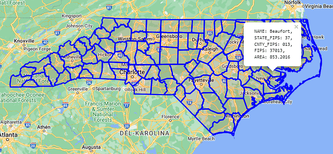County seats,county FIPS codes  of NC, SC