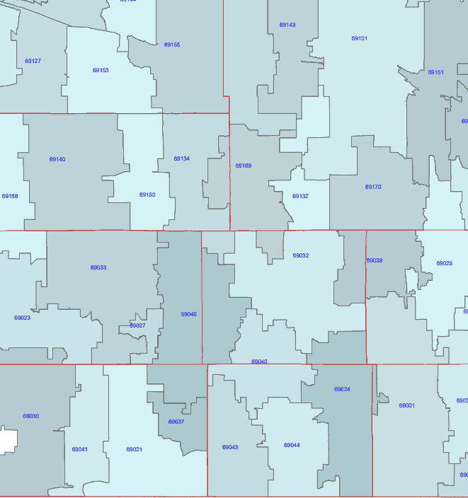 Nebraska state 5-digit zip code map