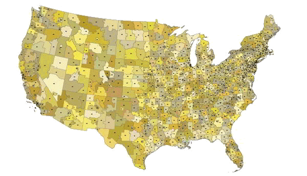 USA 3 digit zip code and county map.Albers projection