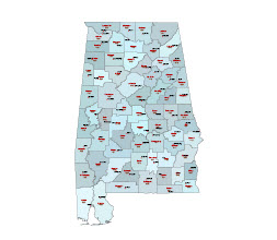 Three-digit FIPS code & county map of  Alabama