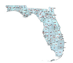 Editable Illustrator map of Florida state counties and their fips codes.
