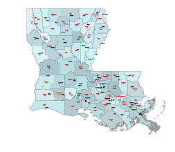 Counties, county seats and their fips codes of Louisiana state