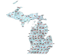Editable Illustrator map of Michigan state counties and their fips codes.