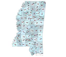 Counties, county seats and their fips codes of Mississippi state