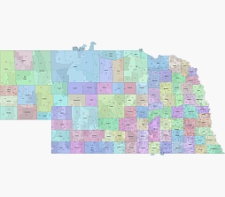 Primary city, zip code of Nebraska state map. Editable, printable.