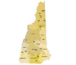 New Hampshire three digit zip code & county map