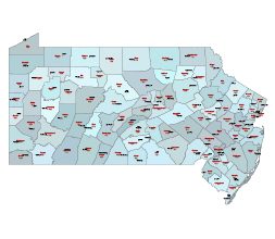 Three-digit FIPS code & county map of NJ, PA