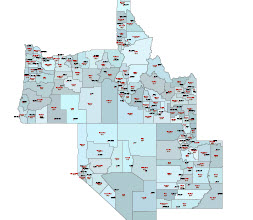 Editable Illustrator map of NV,UT,ID,OR state counties and their fips codes.