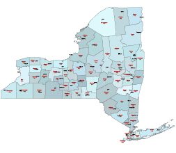 Three-digit FIPS code & county map of New York