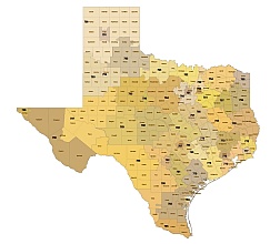 Texas 3 digit zip code and county vector map