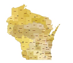 Wisconsin three digit zip code and county vector map