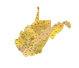 West Virginia 3 digit zip code and county vector map
