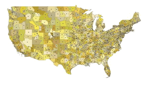 USA 3 digit zip codes and county map. Mercator projection