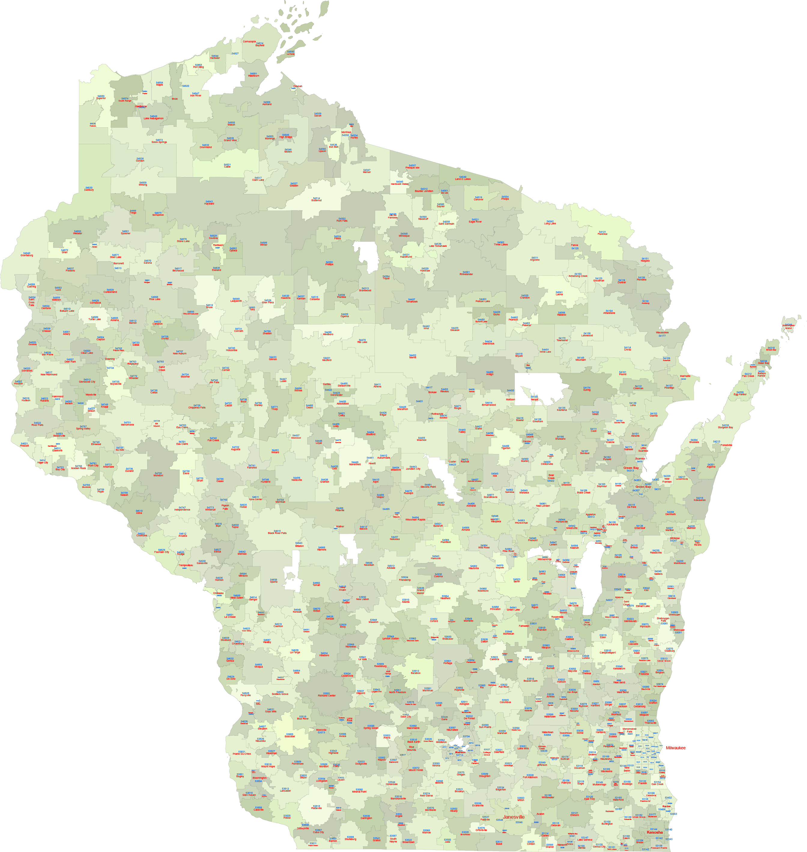 Wisconsin Zip Codes Map With Cities - your-vector-maps.com